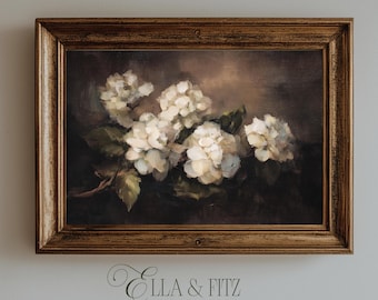 Moody White Floral Still Life Wall Art – Vintage Botanical Painting Print (Digital Download)