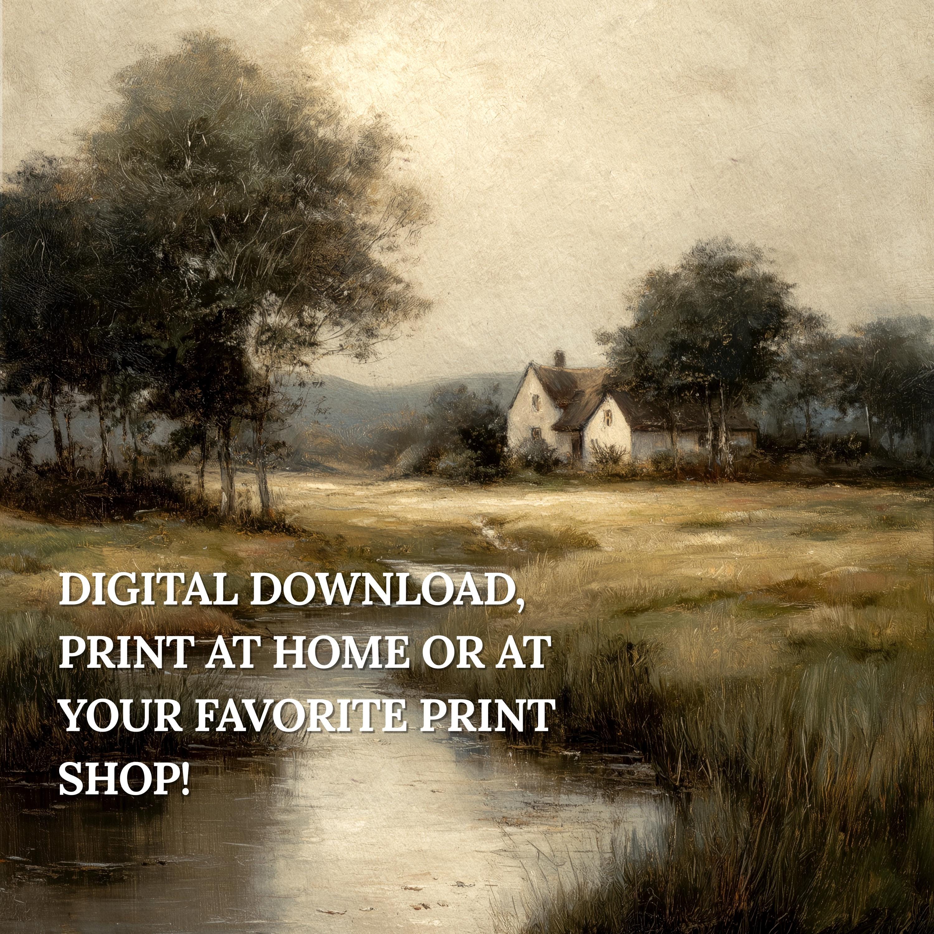 Vintage Style Cottage Landscape Art Print | Pastoral Stream Painting ...