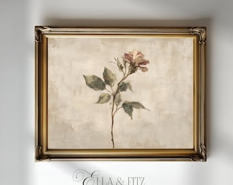 Stampa botanica vintage con rose / Arte murale floreale rustica / Illustrazione floreale in stile cottagecore neutro (download digitale)