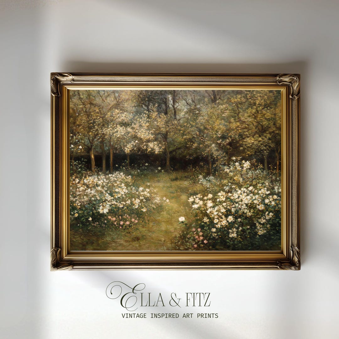 Romantic Garden Landscape Art Print | Vintage Floral Field Painting ...