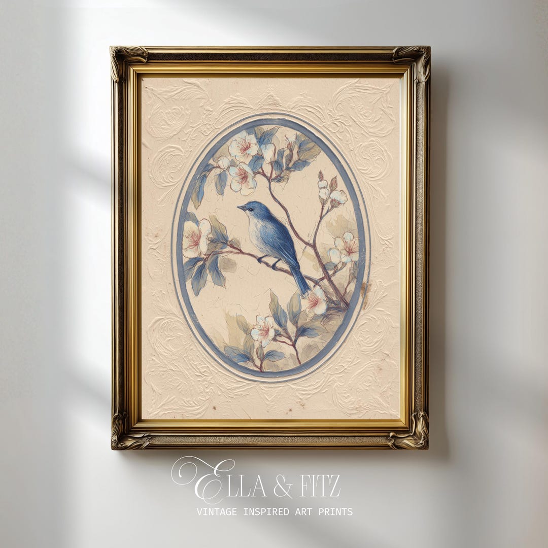 Blue Bird Floral Print – Vintage Oval Wall Art (digital Download) - Etsy