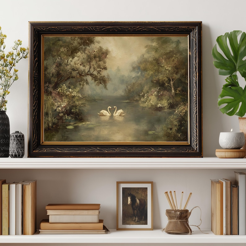 Vintage Swan Lake Art Print | Romantic Landscape Painting (digital ...