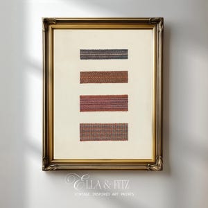 May include: A framed print featuring four rectangular fabric swatches in shades of brown, red, and blue. The swatches have various woven patterns. The print is in a gold ornate frame. The text "Ella & Fitz Vintage Inspired Art Prints" is at the bottom.