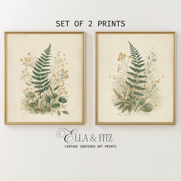 Vintage Fern Botanical Print Set of 2| Neutral Herbarium Wall Art (Digital Download)