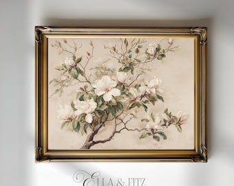 Vintage Magnolie Kunstdruck | Neutrales Blumenzweigbild (Digitaler Download)