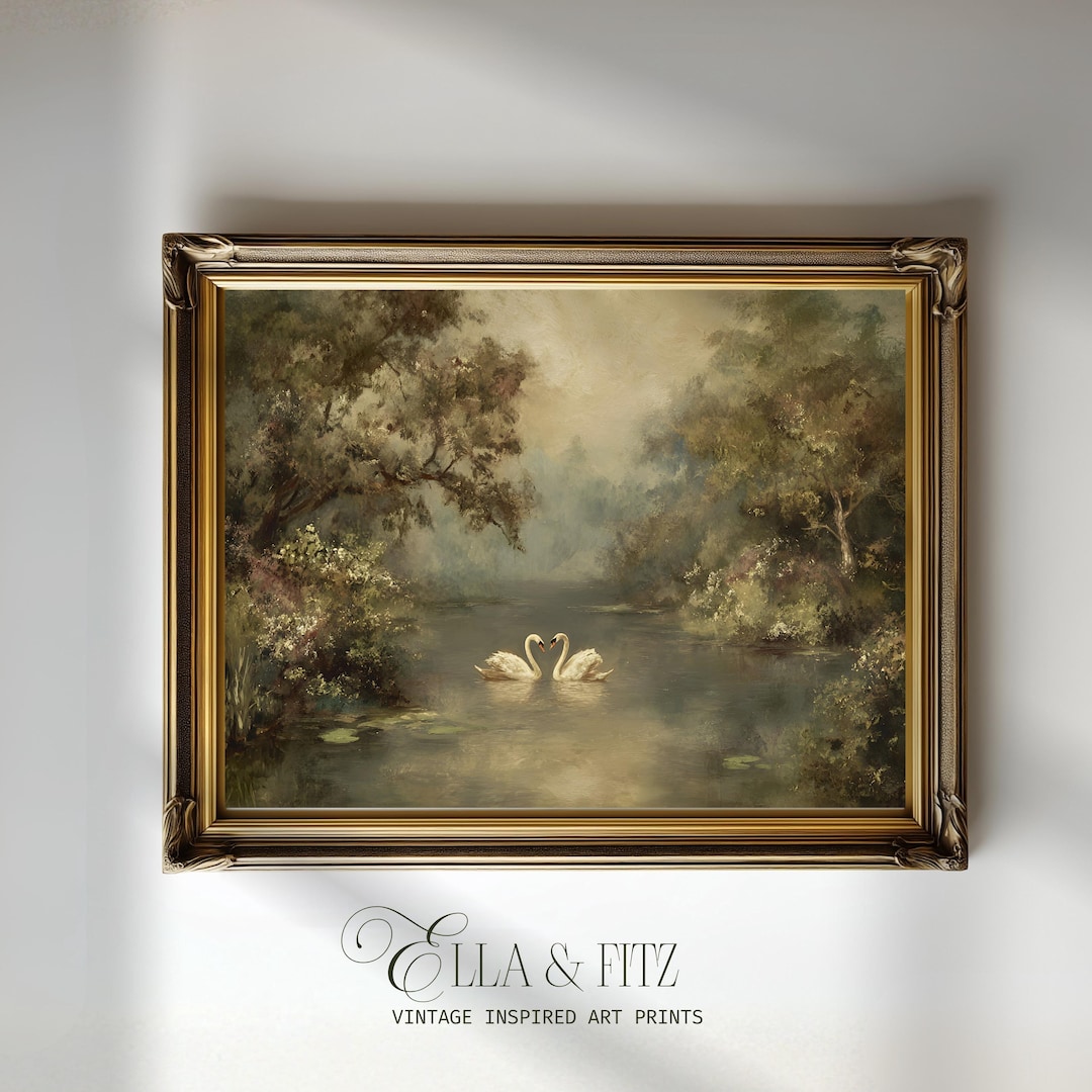 Vintage Swan Lake Art Print | Romantic Landscape Painting (digital ...