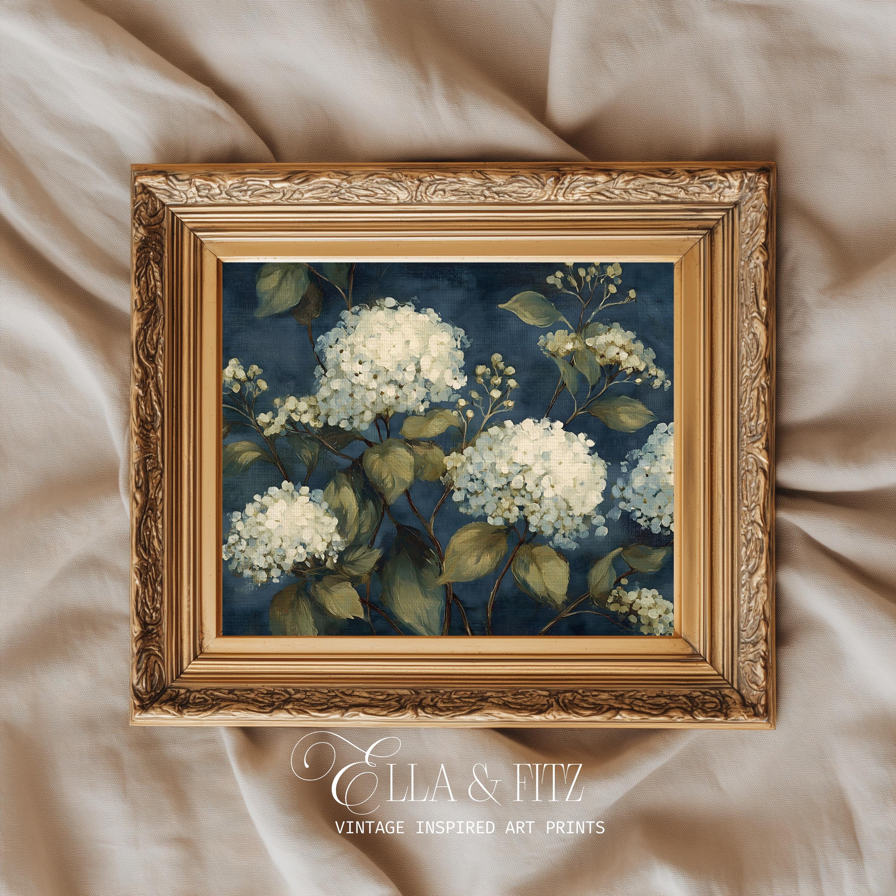 Vintage Hydrangea Art Print | Moody Blue Floral Painting (digital ...