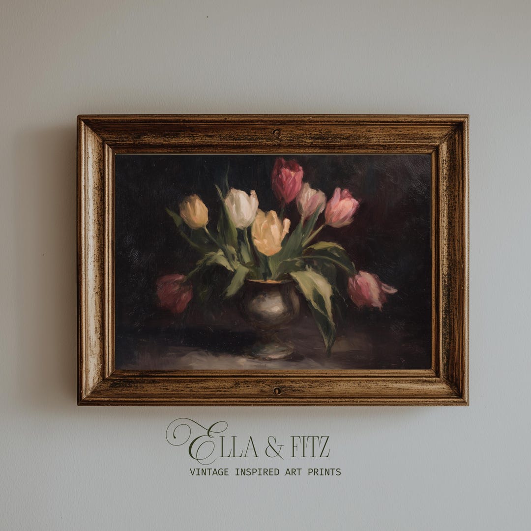 Vintage Tulip Art Print | Moody Floral Still Life Painting (digital ...
