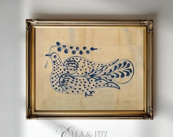 Folk Bird Wall Art Print | Blue Floral Bird Illustration (Digital Download)