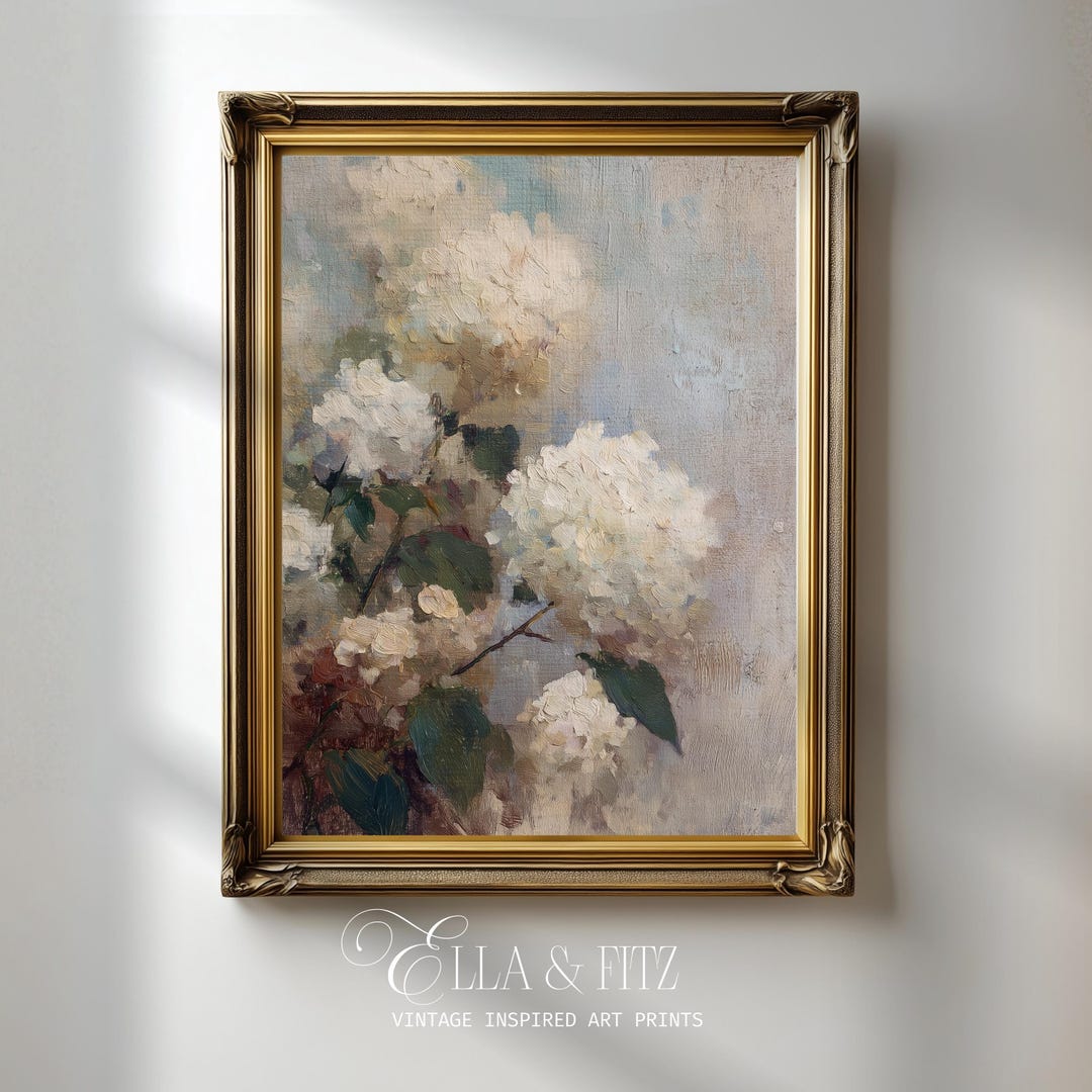 Vintage White Hydrangea Art Print | Moody Floral Oil Painting (digital ...