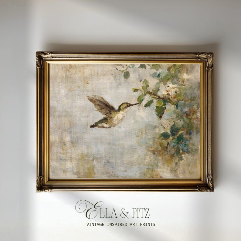 Vintage hummingbird print digital download featuring a small hummingbird hovering by soft blossoms
