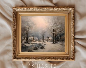 Vintage Winter Cottage Print | Cozy Snowy Landscape Wall Art | Christmas Village Scene (Digital Download)