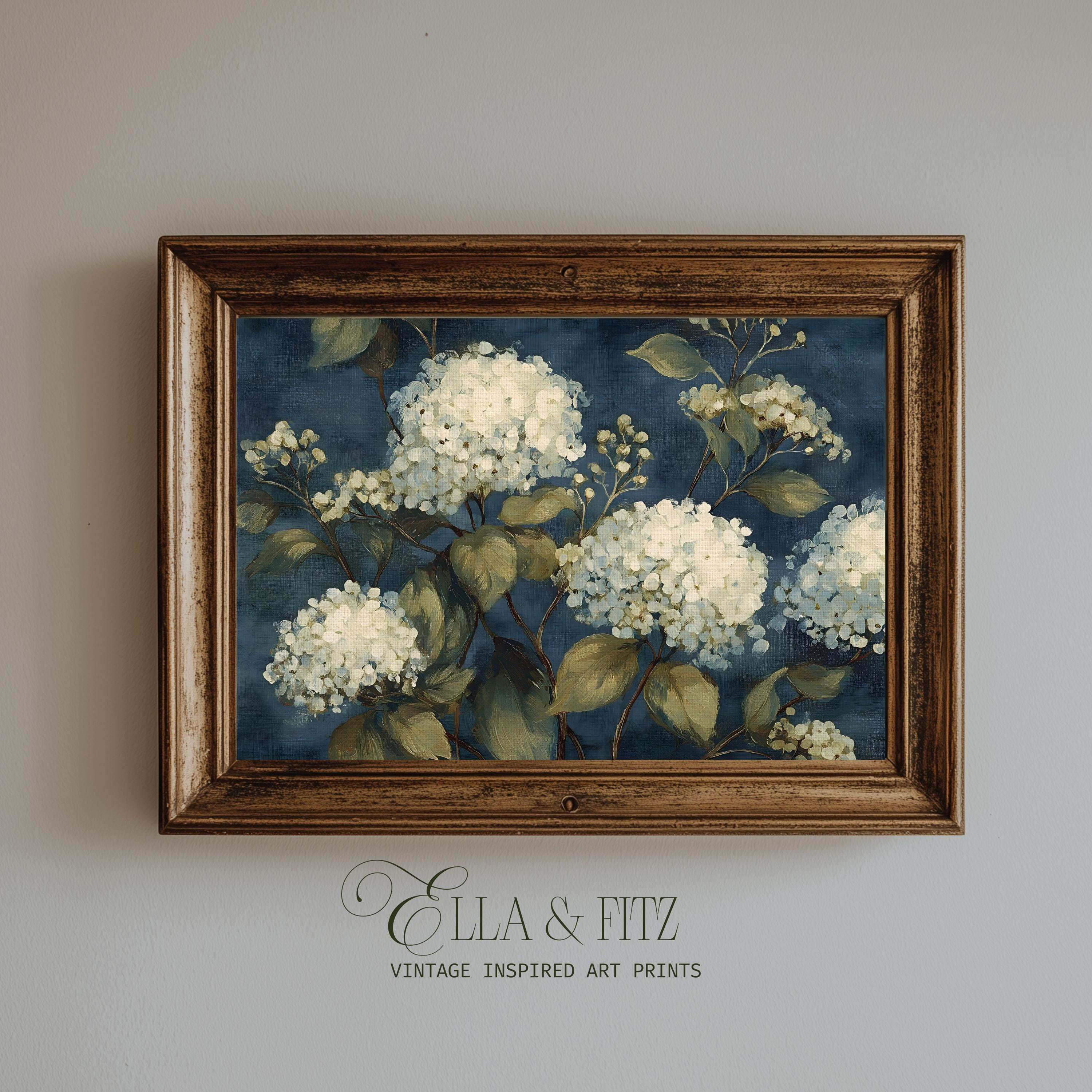 Vintage Hydrangea Art Print | Moody Blue Floral Painting (digital ...