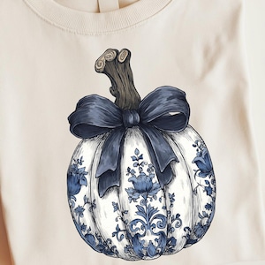Coquette Chinoiserie Pumpkin Clipart – Blue and White Fall Pumpkin with Bow – Elegant Autumn Watercolor PNG for Sublimation Digital Download