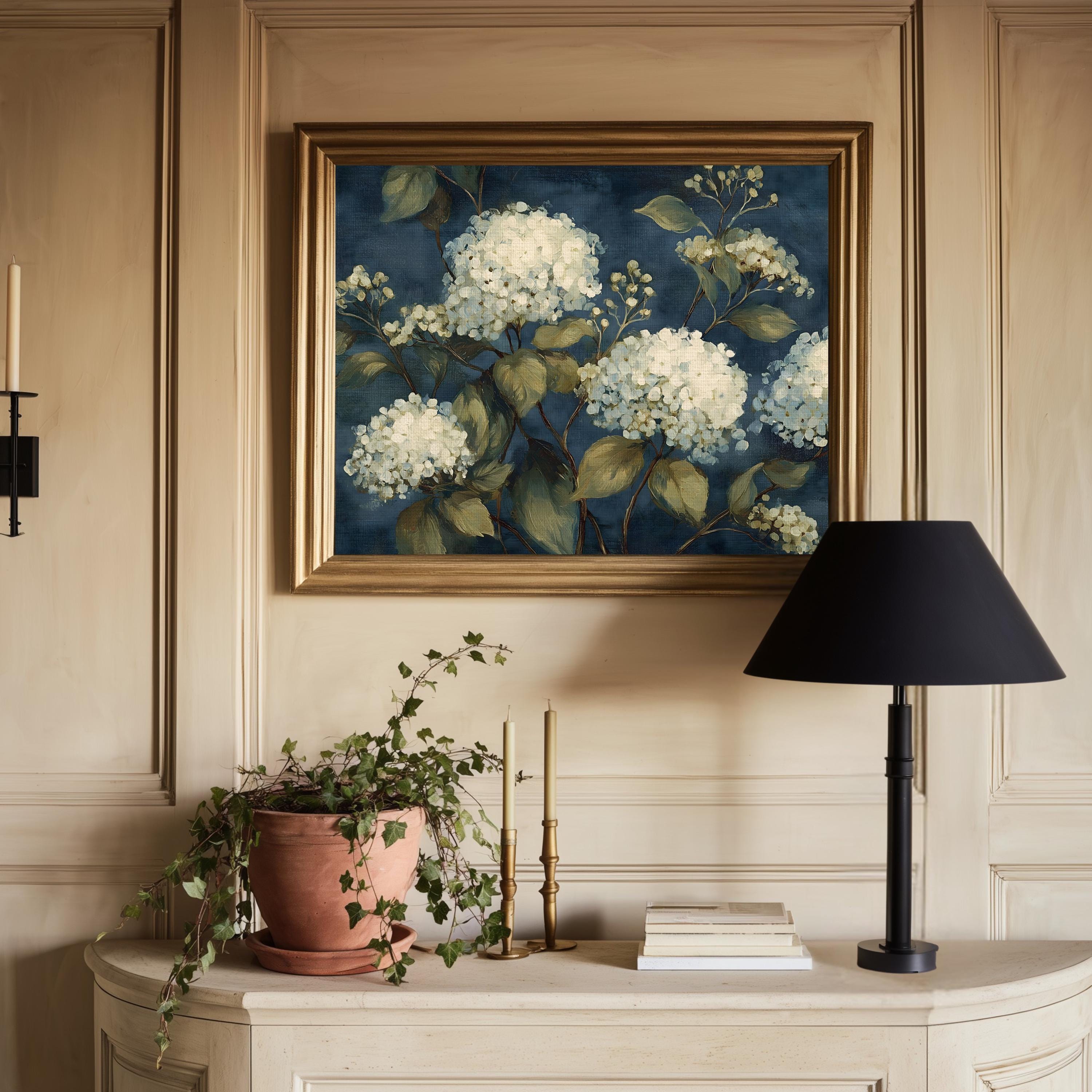 Vintage Hydrangea Art Print | Moody Blue Floral Painting (digital ...