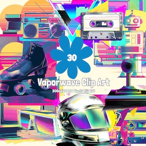 Retro Futuristic 80s Clipart PNG – Vaporwave Aesthetic Neon Icons, Roller Skates, Boomboxes, Cassette Tapes, and Arcade Graphics