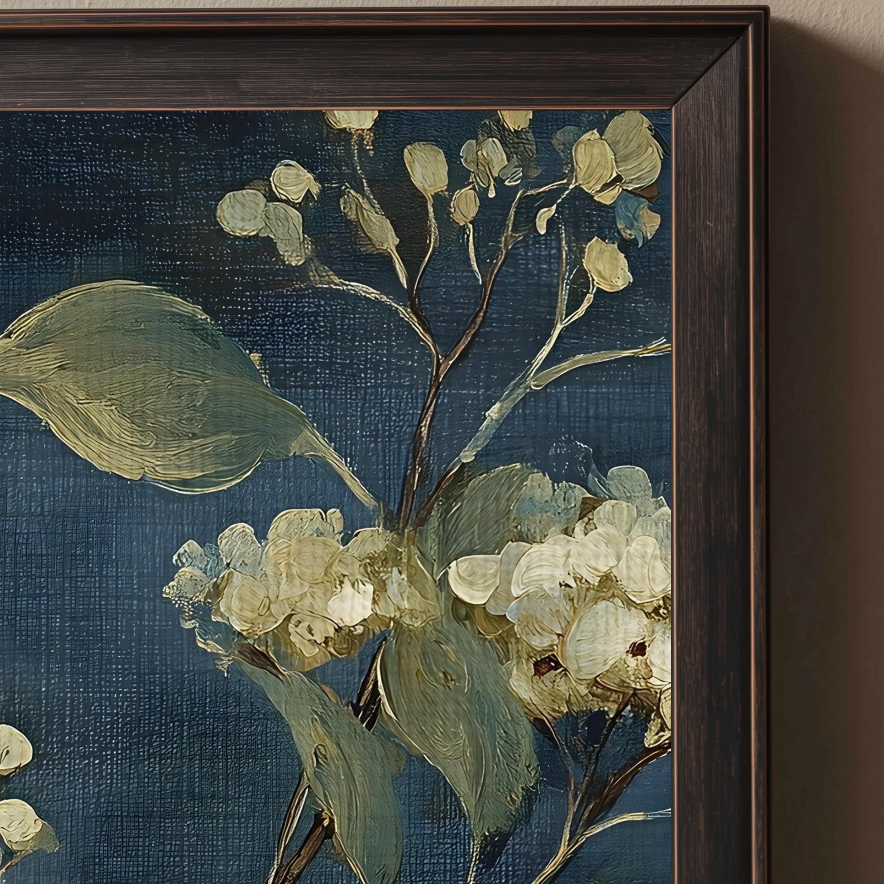 Vintage Hydrangea Art Print | Moody Blue Floral Painting (digital ...