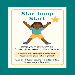 Op de afbeelding: Kleurrijke illustratie op een cr&egrave;me kaart met een turquoise rand. De kaart toont een kind dat een sterrensprong uitvoert, met de tekst "Star Jump Start". Extra tekst geeft instructies en een tip van de coach voor de oefening.