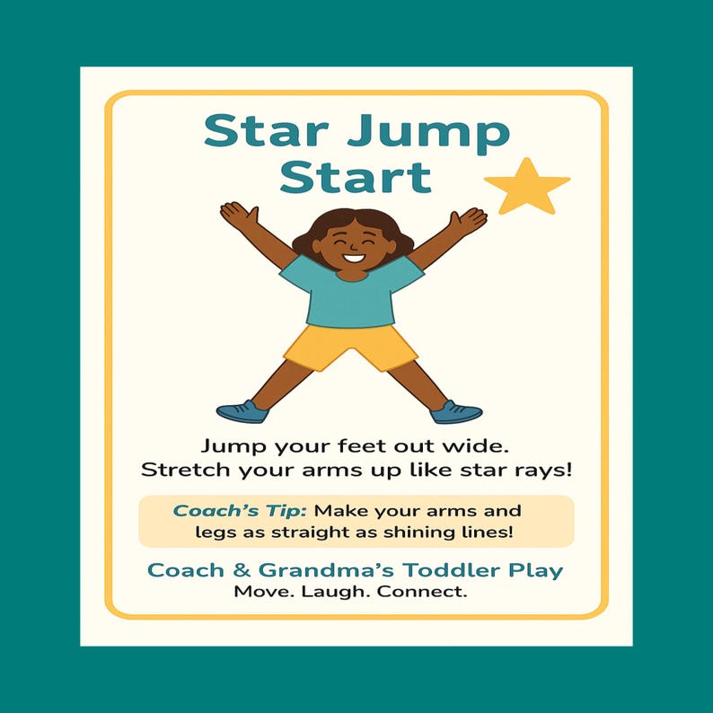 Op de afbeelding: Kleurrijke illustratie op een cr&egrave;me kaart met een turquoise rand. De kaart toont een kind dat een sterrensprong uitvoert, met de tekst "Star Jump Start". Extra tekst geeft instructies en een tip van de coach voor de oefening.