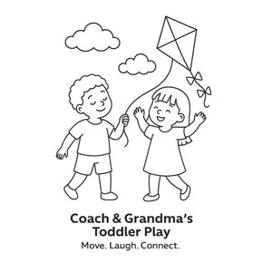 Op de afbeelding: Zwart-wit illustratie van twee kinderen die met een vlieger spelen. De afbeelding bevat twee wolken en de tekst "Coach & Grandma's Toddler Play. Move. Laugh. Connect."