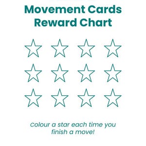 Op de afbeelding: Een witte beloningskaart met turquoise tekst "Summer Movement Cards Reward Chart". Twaalf turquoise stercontouren zijn in drie rijen gerangschikt. De tekst "Colour a star each time you finish a move!" staat eronder.