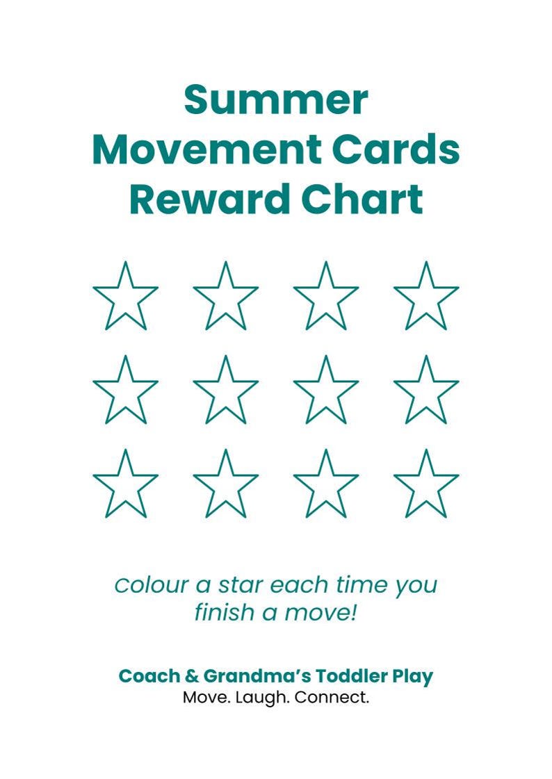 Op de afbeelding: Een witte beloningskaart met turquoise tekst "Summer Movement Cards Reward Chart". Twaalf turquoise stercontouren zijn in drie rijen gerangschikt. De tekst "Colour a star each time you finish a move!" staat eronder.