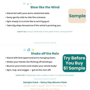 May include: A sample card with instructions for two children's activities: "Blow like the Wind" and "Shake off the Rain." The text is in a teal font on a white background. Includes a "Try Before You Buy" offer.