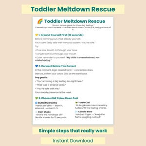 Op de afbeelding: Een afdrukbare gids getiteld "Toddler Meltdown Rescue" met tips voor het kalmeren van kinderen. De gids bevat stappen zoals aarden, verbinden voordat je corrigeert en het kiezen van een kalmeringsmiddel. De tekst staat op een witte achtergrond met een lichtgele rand.