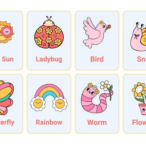 Può includere: Otto carte illustrate con disegni stravaganti di elementi naturali. Le carte includono un sole, una coccinella, un uccello, una lumaca, una farfalla, un arcobaleno, un verme e fiori. Ogni carta ha un'etichetta corrispondente.