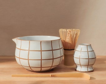 Modern Grid Matcha Set, Handcrafted Spouted Chawan, Ceramic Tea Bowl with Chasen Holder, Japanese Tea Gift Kit, Gift for Tea Lovers