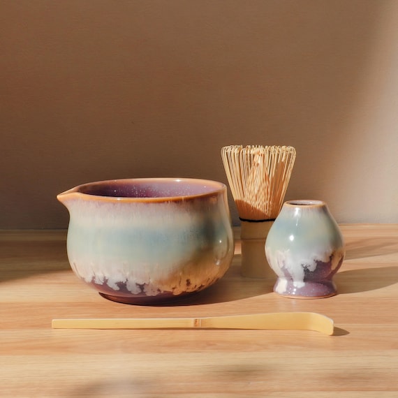 Rustic Ombre Ceramic Matcha Bowl Set, Hand-Glazed Chawan with Chasen Holder, Matcha Gift Set, Japanese Gift Set, Gift for her