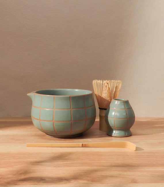 Minimalist Grid Ceramic Matcha Bowl Set, Japanese Tea Ceremony Accessories, Handmade Pottery Gift, Matcha Gift Set, Gift for Tea Lovers