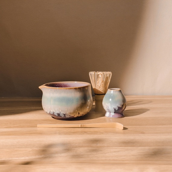 Rustic Ombre Ceramic Matcha Bowl Set, Hand-Glazed Chawan with Chasen Holder, Matcha Gift Set, Japanese Gift Set, Gift for her
