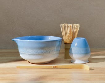 Handmade Skyblue Glazed Matcha Bowl Set, Ceramic Chawan Whisk Set, Japanese Tea Ceremony Gift, Unique Matcha Gift for Her, Gift Ideas