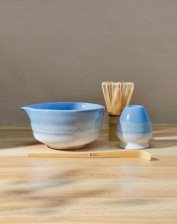 Handmade Skyblue Glazed Matcha Bowl Set, Ceramic Chawan Whisk Set, Japanese Tea Ceremony Gift, Unique Matcha Gift for Her, Gift Ideas