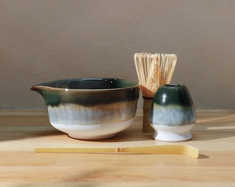 Handmade Natural Green Glazing Matcha Kit, Ceramic Matcha Bowl with Chasen Holder, Japanese Tea Set, Matcha Gift Set, Gift Ideas