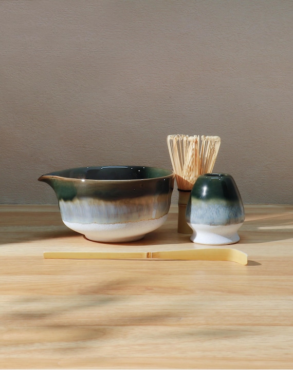 Handmade Natural Green Glazing Matcha Kit, Ceramic Matcha Bowl with Chasen Holder, Japanese Tea Set, Matcha Gift Set, Gift Ideas