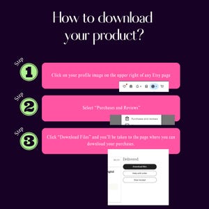 K&ouml;nnte beinhalten: Eine Anleitung zum Herunterladen eines Produkts auf Etsy. Die Schritte sind nummeriert und in rosa K&auml;stchen hervorgehoben. Der Text lautet: &bdquo;Wie lade ich Ihr Produkt herunter?&ldquo; und enth&auml;lt Screenshots der Etsy-Oberfl&auml;che.