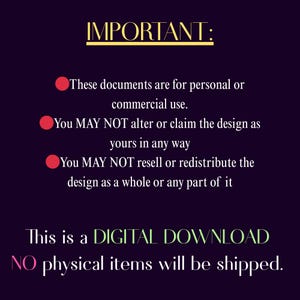 K&ouml;nnte beinhalten: Grafik f&uuml;r digitalen Download auf dunkelviolettem Hintergrund. Der Text "IMPORTANT:" ist goldfarben, gefolgt von Nutzungsrichtlinien. Es wird angegeben, dass die Dokumente f&uuml;r den pers&ouml;nlichen oder kommerziellen Gebrauch bestimmt sind, mit Einschr&auml;nkungen hinsichtlich &Auml;nderung, Weiterverkauf und Weiterverbreitung. Der Text "DIGITAL DOWNLOAD" ist gr&uuml;n, und "NO physical items will be shipped" ist rosa.