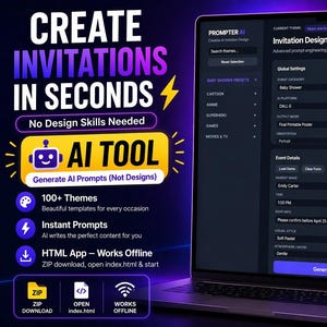 May include: Laptop screen displaying an invitation design studio interface. The screen shows options for baby shower invitations, with text that reads "Create Invitations in Seconds" and "AI Tool". The interface includes settings for event details and design customization.