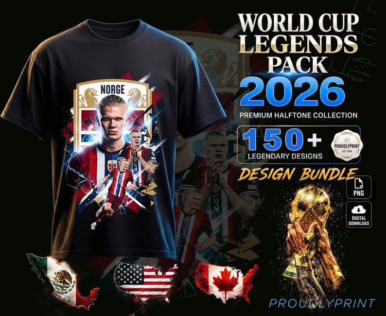 May include: A black t-shirt featuring a graphic of a soccer player in a red, white, and blue jersey with the text NORGE. The design includes the text WORLD CUP LEGENDS PACK 2026, PREMIUM HALFTONE COLLECTION, 150+ LEGENDARY DESIGNS, and DESIGN BUNDLE.