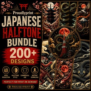 Peut inclure: Un ensemble de designs graphiques numériques avec le texte Proudlyprint JAPANESE HALFTONE BUNDLE 200+ DESIGNS. L'image présente diverses illustrations incluant un dragon, des carpes koï, un tigre, une pagode et le mont Fuji.