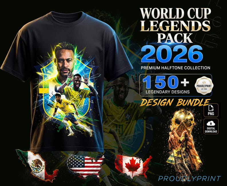 May include: A black t-shirt featuring a graphic of a soccer player in a yellow jersey with green and blue accents. Text reads: WORLD CUP LEGENDS PACK 2026 PREMIUM HALFTONE COLLECTION 150+ LEGENDARY DESIGNS DESIGN BUNDLE. Includes maps of Mexico, USA, and Canada.