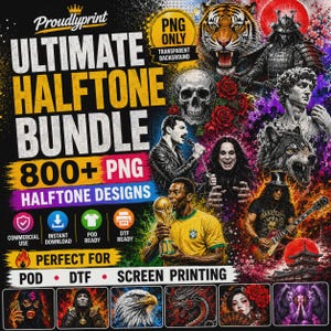 Op de afbeelding: Een digitale grafische advertentie voor een Ultimate Halftone Bundle met 800+ PNG-ontwerpen. De afbeelding toont diverse illustraties, waaronder een tijger, samoerai, schedel, rozen, muzikanten, een voetballer en een gitarist met tekst.