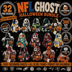 Puede incluir: Un paquete de gráficos digitales con 32 ilustraciones de fantasmas, cada uno con una sábana estilo patchwork con varios logotipos y colores de equipos de la NFL. Cada fantasma sostiene un pequeño cubo de calabaza naranja sobre fondo negro.