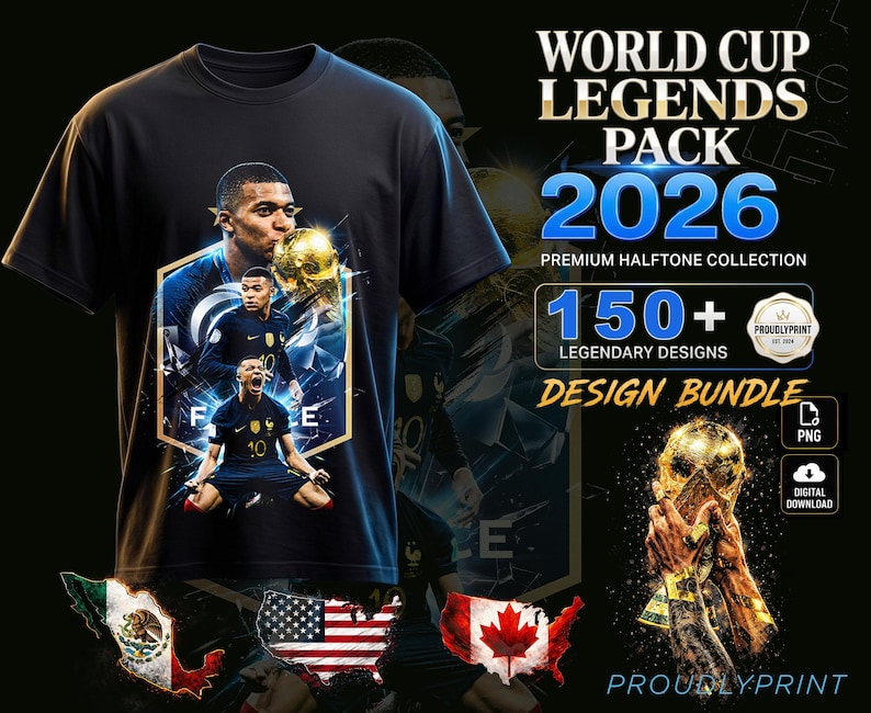 May include: A black t-shirt featuring a graphic of a soccer player in a blue jersey holding a gold trophy, with the text World Cup Legends Pack 2026 Premium Halftone Collection 150+ Legendary Designs Design Bundle and images of the Mexico, USA, and Canada flags.