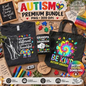 Paquete de imágenes PNG para concienciación sobre el autismo, diseños de sublimación para equipos de apoyo al autismo, gráficos para camisetas de uso comercial, descarga digital instantánea, 300 ppp.