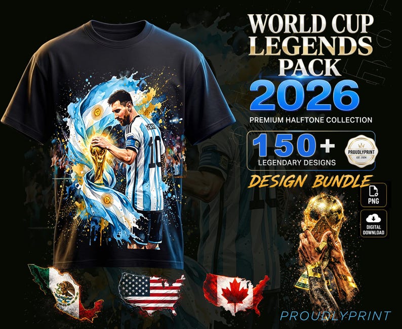 May include: A black t-shirt featuring a graphic of a soccer player in a blue and white jersey holding a gold trophy, surrounded by an Argentine flag design. Text includes WORLD CUP LEGENDS PACK 2026, 150+ LEGENDARY DESIGNS, and DESIGN BUNDLE.
