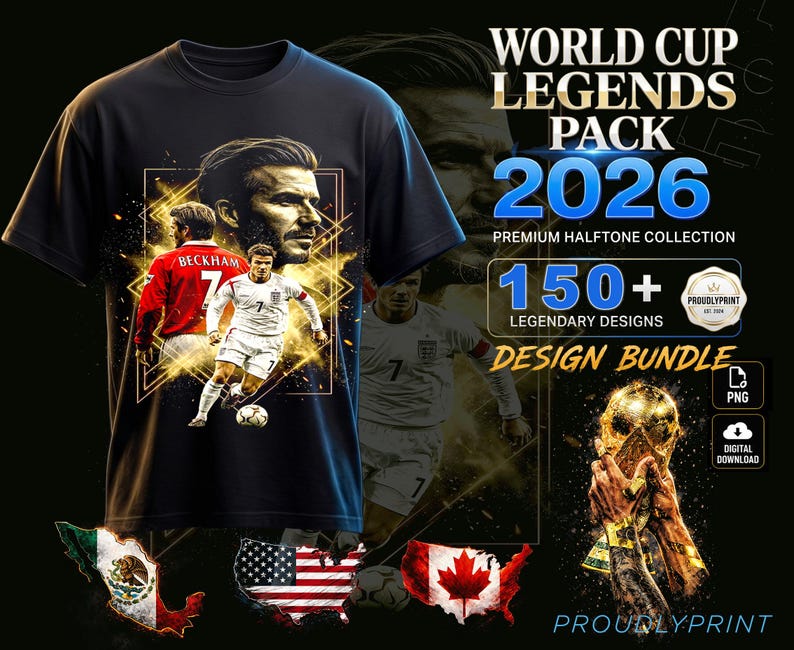 May include: A black t-shirt featuring a graphic of David Beckham in red and white soccer uniforms, surrounded by gold geometric lines. Text includes WORLD CUP LEGENDS PACK 2026, PREMIUM HALFTONE COLLECTION, 150+ LEGENDARY DESIGNS, and DESIGN BUNDLE.