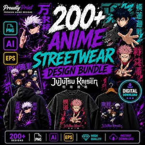 Pode incluir: Um pacote de design digital com designs de streetwear de anime. A imagem mostra uma variedade de roupas, incluindo um moletom com capuz, uma camiseta e uma camisa de manga comprida, todos com gráficos Jujutsu Kaisen. O pacote inclui mais de 200 designs em formatos PNG, AI e EPS.